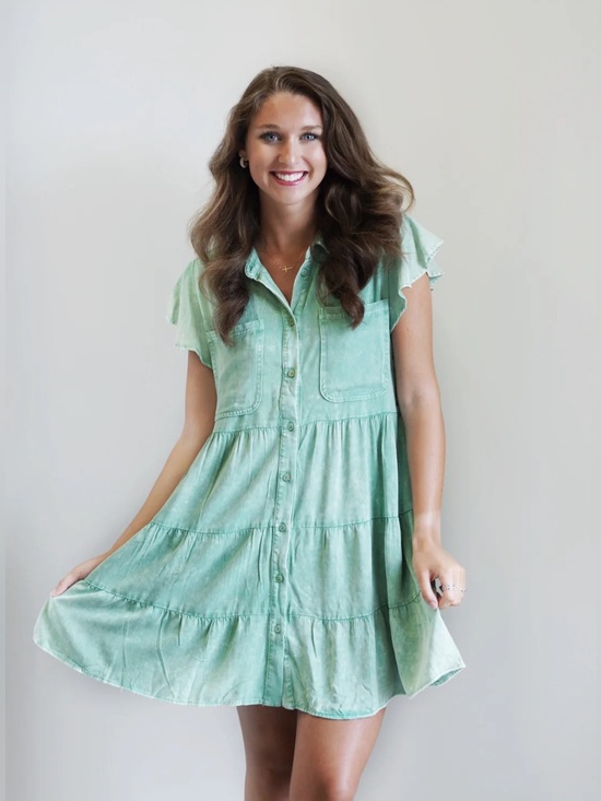 JODIFL Dresses & Skirts - JODIFL Faded Wash Green Button-Down Tiered Mini Dress MEDIUM